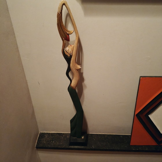 Art Deco wooden dancer statue – Balinese style, hand-carved, marble base, 70cm – Sculpture (photo 13 of 13)