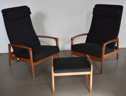 Original rare reupholstered high-back lounge armchair Set by Trensums, Oak 1960s