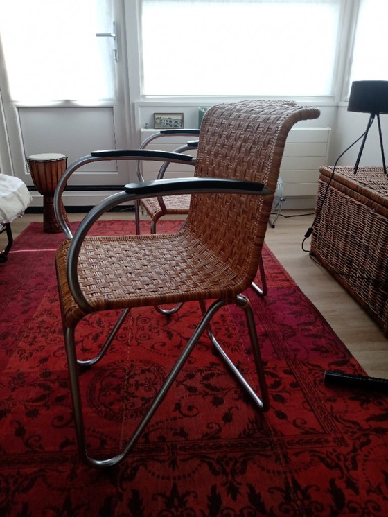 Image 1 of 2x2 Silla Gispen de mimbre con cromo mate, modelo 2a (2 juegos de 2)
