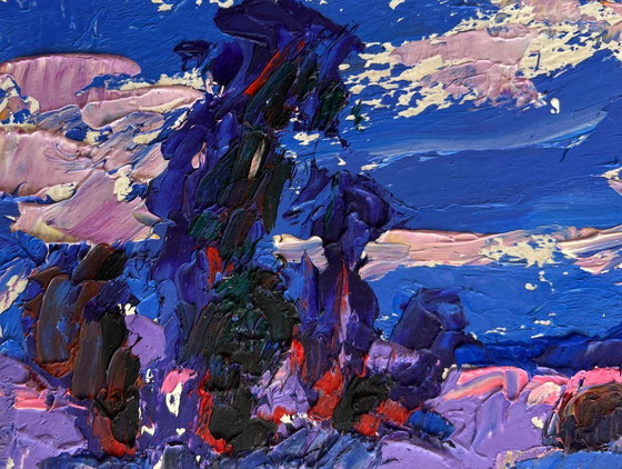 Image 1 of Original Oil Painting Evening Field Landscape Cold evening in the field