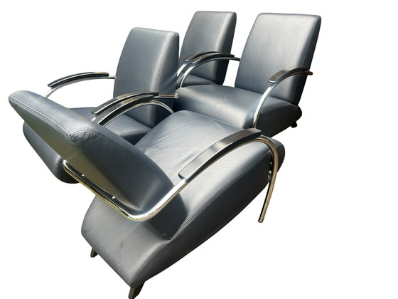 Image 1 of Set van 4 Jan des Bouvrie design fauteuils van leer model 5470 donkerblauw met certificaten
