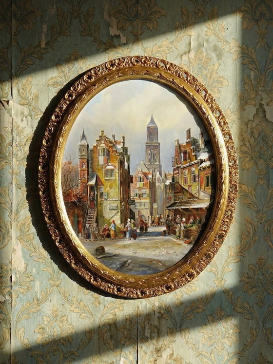Image 1 of Large framed urban scene oil painting on wood by John Haanstra, vintage