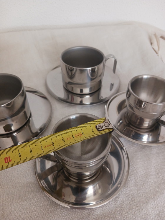 Image 1 of Set Van 4 RVS Espresso en Koffie Kop en Schotel Jaren '80