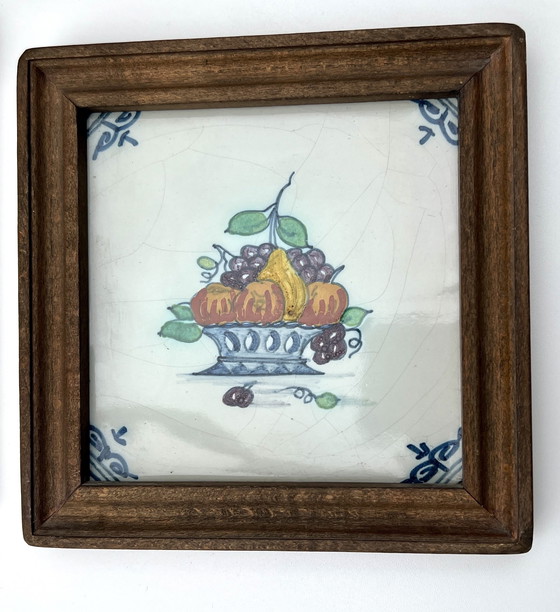 Image 1 of Four framed ceramic tiles – Delft/Makkum style – Hand-painted – Netherlands, 20th century