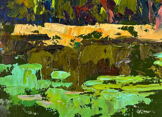 Image 1 of Original Oil Painting Summer River Landscape Calm on the water