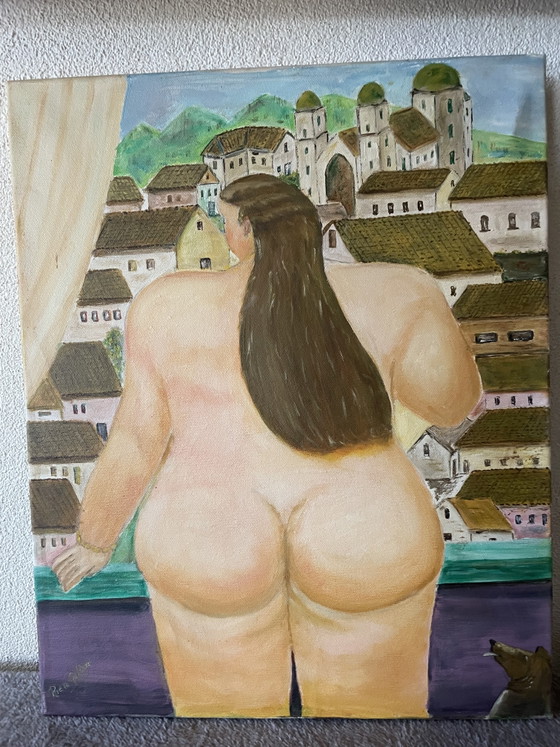 Image 1 of Magnifique toile représentant une femme nue avec un petit chien, selon Rubens, signée par un artiste célèbre.