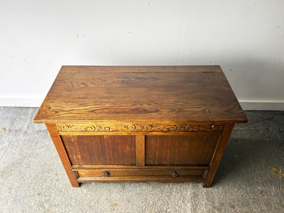 Early 20th Century Oak Blanket Box Mule Chest with Drawer Carved Jacobean Style, Storage cabinet, Metal, Wood (photo 5 of 9)