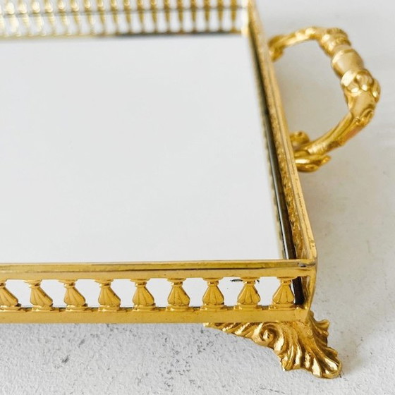 Image 1 of Vassoio italiano di metà secolo Hollywood Regency in ottone specchio vetro