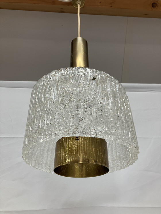Image 1 of Vintage pendant lamp brass and thick ice glass J.T. Kalmar 1950/60