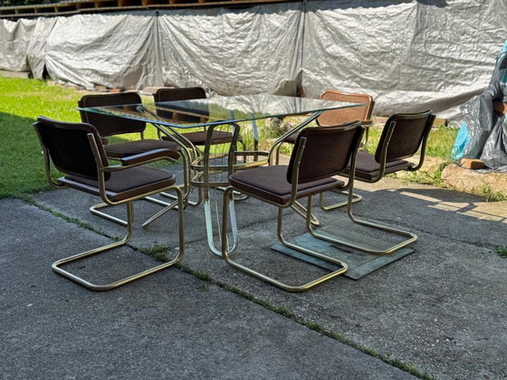 Italian Brass Dining Set with Table and Chairs, 1970s, Set of 7 – Glass, Hollywood Regency (photo 5 of 7)