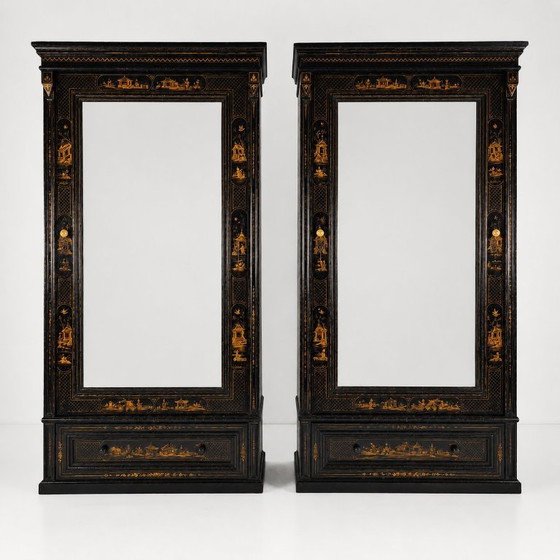 Image 1 of A pair of 19th-century Chinoiserie-style linen cupboards/wardrobes.