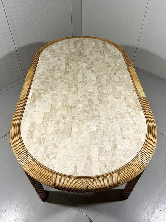 Image 1 of Vivai del Sud rattan and travertine dining table, Italy, 1960s