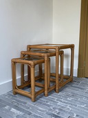 set of 3 vintage bamboo side tables (nest) with glass