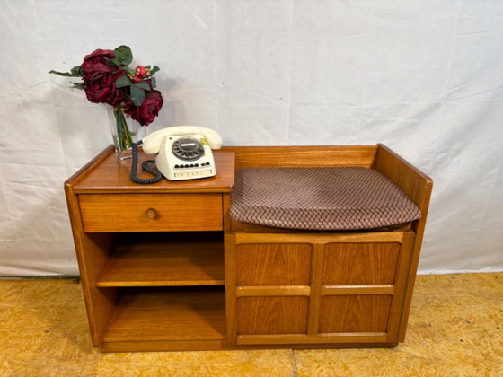 Image 1 of Mid-century retro vintage teak telephone seat by Nathan 1960–1970.    Stylish utility|iconic british design|functional storage