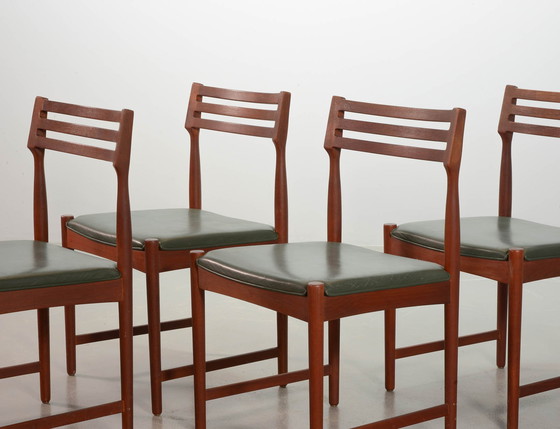 Image 1 of Bovenkamp Vintage Design Teak Wooden Dining Chairs with Racing Green Leather Seatings by Severin Hansen. Set of 4. Denmark, 1960