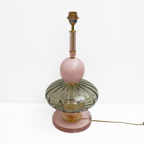 Pair of Geometric Murano Glass Table Lamps in Pink and Green, Sottsass Style (photo 3 of 9)