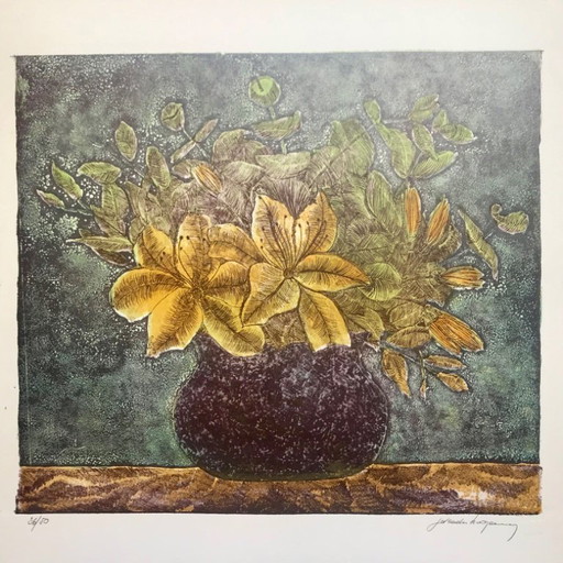 litografia a colori bouquet autunnale di Yolande Bogaerts (1984)