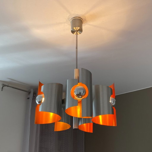 Polam Bielsko Chandelier. 1970. Space Age. Brushed Stainless Steel. – kroonluchters, Metal (photo 2 of 7)