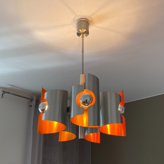 Polam Bielsko Chandelier. 1970. Space Age. Brushed Stainless Steel. – Metal (photo 2 of 7)