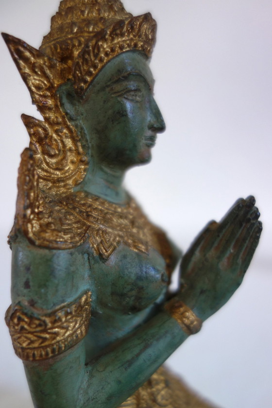 Image 1 of Couple de Statues Thephanom en Bronze Doré, Thaïlande, Années 40