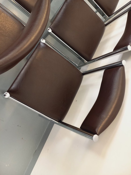 Image 1 of Set di 6 sedie vintage anni '70 in metallo cromato e similpelle marrone