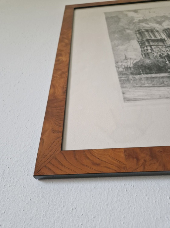 Louis Orr Etching "Notre Dame" in noble burl wood frame, Wall decoration, Plexiglass, Paper, Brown (photo 4 of 6)