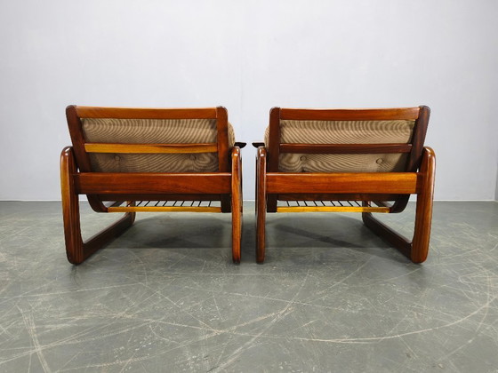 Image 1 of Twee Scandinavische loungestoelen uit de jaren 70, gemaakt van hout met corduroy bekleding.