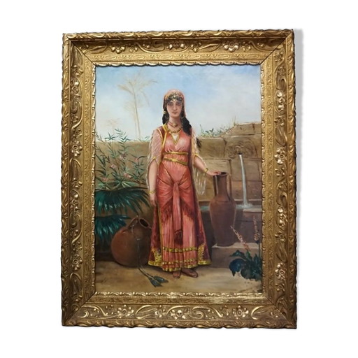 Old painting "Woman at the Well" by Strebelle – schilderijen tekeningen, Canvas, Art Nouveau