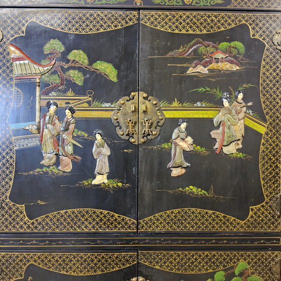 Image 1 of Vintage Chinese Cabinet Black with Hand-Painted Scenes / bohemian cabinet / Asian / Oriental cabinet