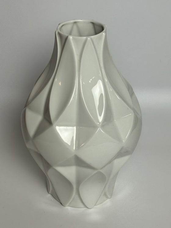 Image 1 of Mid-Century Ceramic High Gloss Enamel White Porcelain Vase with Geometric Relief by Königlich privilegierte Porzellanfabrik.