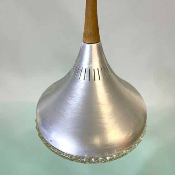 Image 1 of Scandinavian Mid Century Modern Chromed Aluminium Hanging Light with Wooden Accent, 1970s