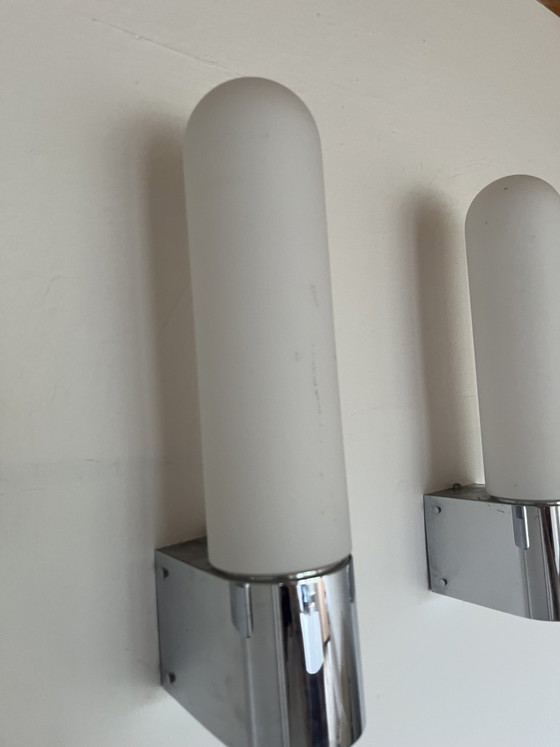 Image 1 of 4x Original "Glashütte Limburg 1970s" wall light opal glass chrome Germany!!