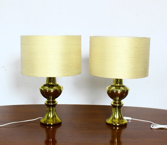 Image 1 of Set of two luxury Uno & Osten gold table lamps with silk shades, Sweden 1970