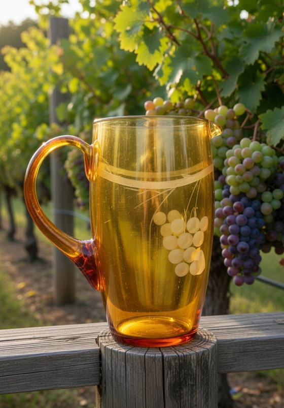 Image 1 of Brocca da vino vintage boema color ambra con incisione a grappolo d'uva.