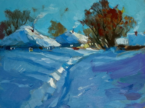 Pintura al óleo original: Paisaje invernal de un pueblo, sendero a través de la nieve.