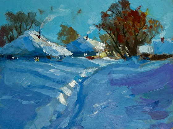 Image 1 of Origineel olieverfschilderij: Winterdorplandschap met een pad door de sneeuw.