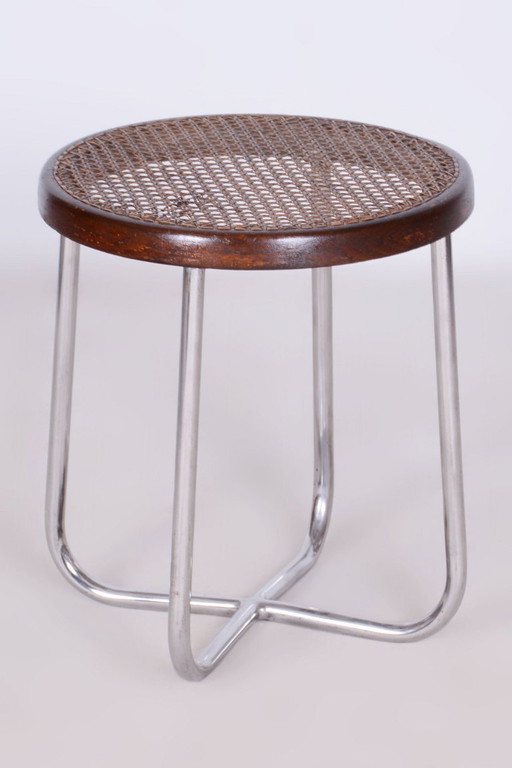 Restored Bauhaus Stool, by Robert Slezák, Chrome, Rattan, Czech, 1930s – krukjes, Wood