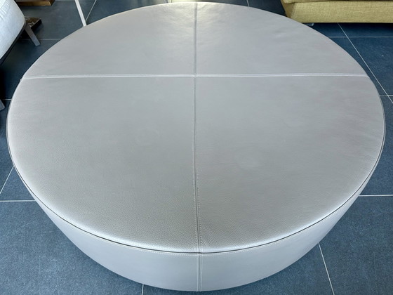 Coffee Table Pouf Ottoman in Taupe Leather – Footstools & poufs, Wood (photo 9 of 11)