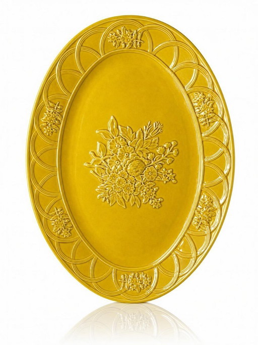 Grote ovale Bordallo Pinheiro geel aardewerk schoteltje, Portugal 1970-1980