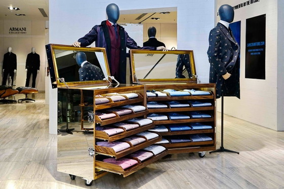 Naihan Li – Rare Pair of Mobile Twin Shirt Cabinets / Display Cabinets, Walnut & Stainless Steel, 2014 (photo 2 of 9)