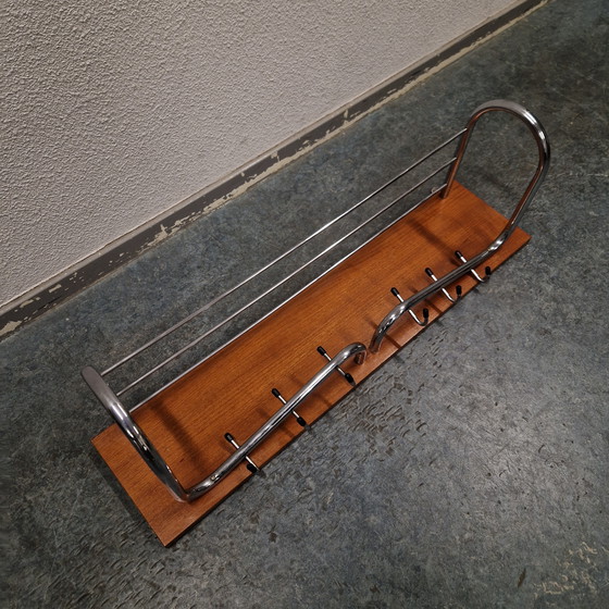 Image 1 of Teak coat rack 1960s vintage wall coat rack chrome coat rack