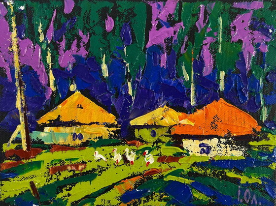 Image 1 of Original Oil Painting Summer Village Landscape Sky with peace over the sleeping earth