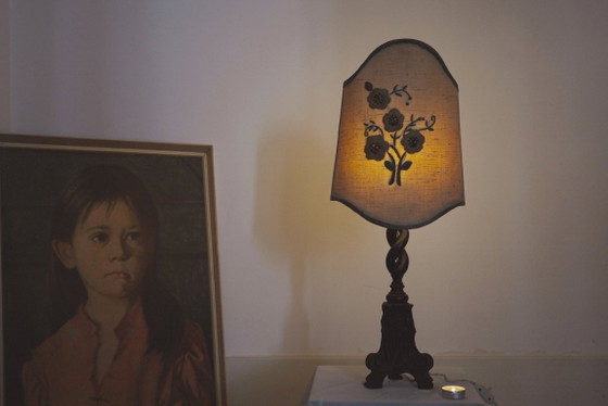Image 1 of Vintage Carved Wood Barley Twist Lamp with Hand Embroidered Floral Shade and Acanthus Leaf Tripod Feet
