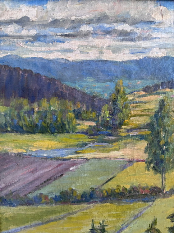 Image 1 of Peinture à l'huile originale vintage représentant un paysage champêtre.