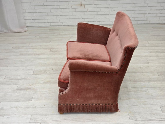 Image 1 of 1970s, Danish 2-seater sofa, original salmon pink furniture velour, beech wood.