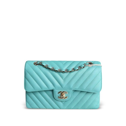 Chanel Classic Flap Pequeño - Caviar 23CM Chevron Azul Claro Tiffiny Azul Dorado Herrajes Serie 27
