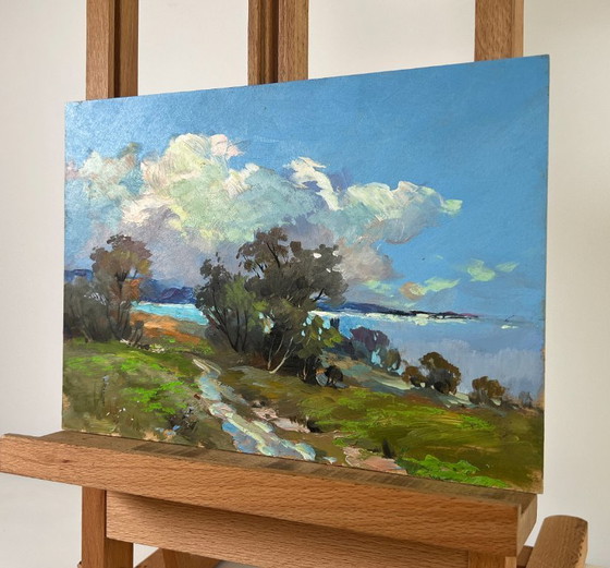 Image 1 of Peinture à l'huile originale, paysage de route d'été. L'harmonie paisible de la nature.