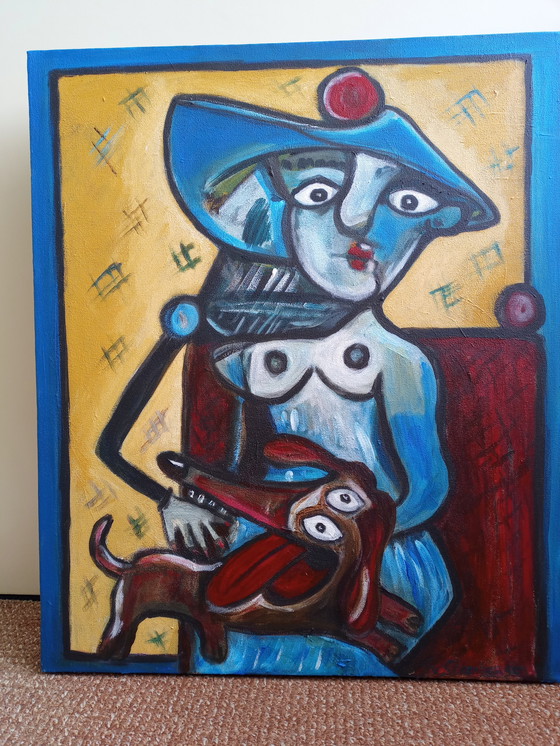 Image 1 of T. van Steenbergen "Picasso with dachshund" 50 x 60 cm