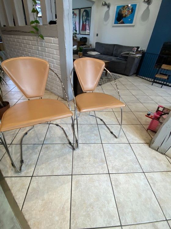 Image 1 of Set di 4 poltrone Linda di Arrben, pelle color cammello, struttura in acciaio cromato, vintage anni '80