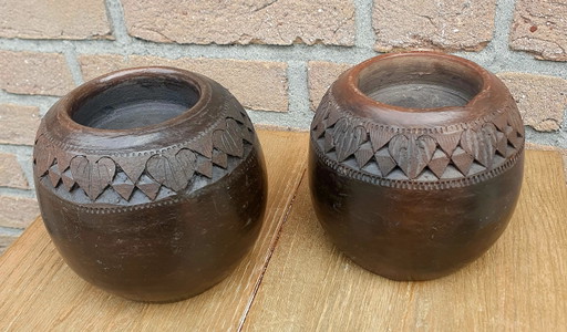 Set van 2 authentieke Afrikaanse kleipotten / theelichthouders in de stijl van traditionele Zuid-Afrikaanse Ukhamba (bierpotten)
